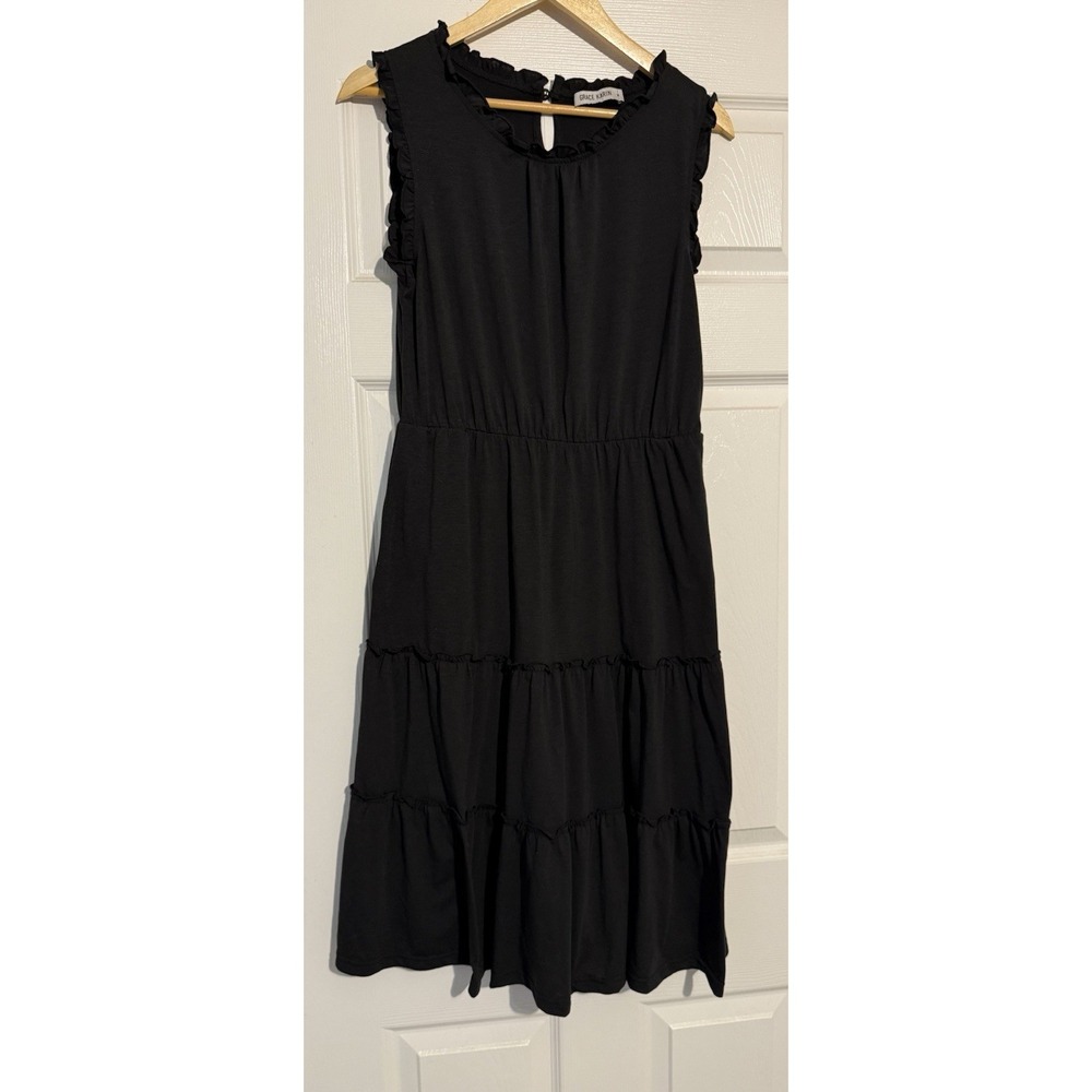 Grace Karin Tiered Dress Women Size M Black Ruffle Neck Sleeveless Midi Jersey